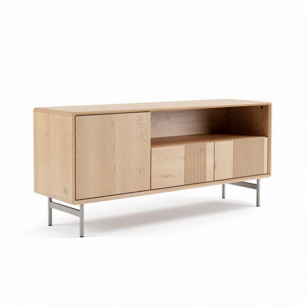 Oak media console with sliding doors and metal legs 150 x 40 x 50cm