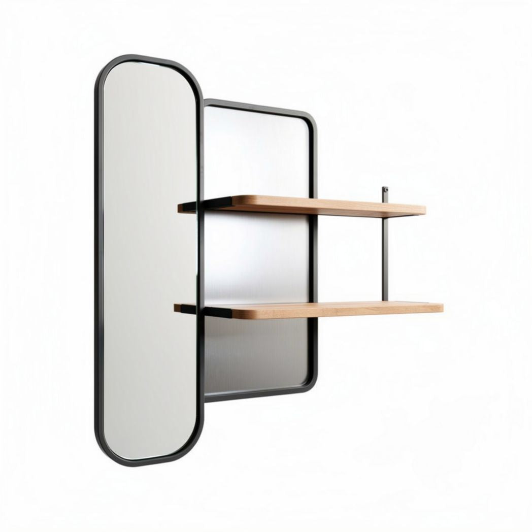 Wall-mounted mirror shelf with two wooden shelves and black metal frame 80 x 40 x 65cm