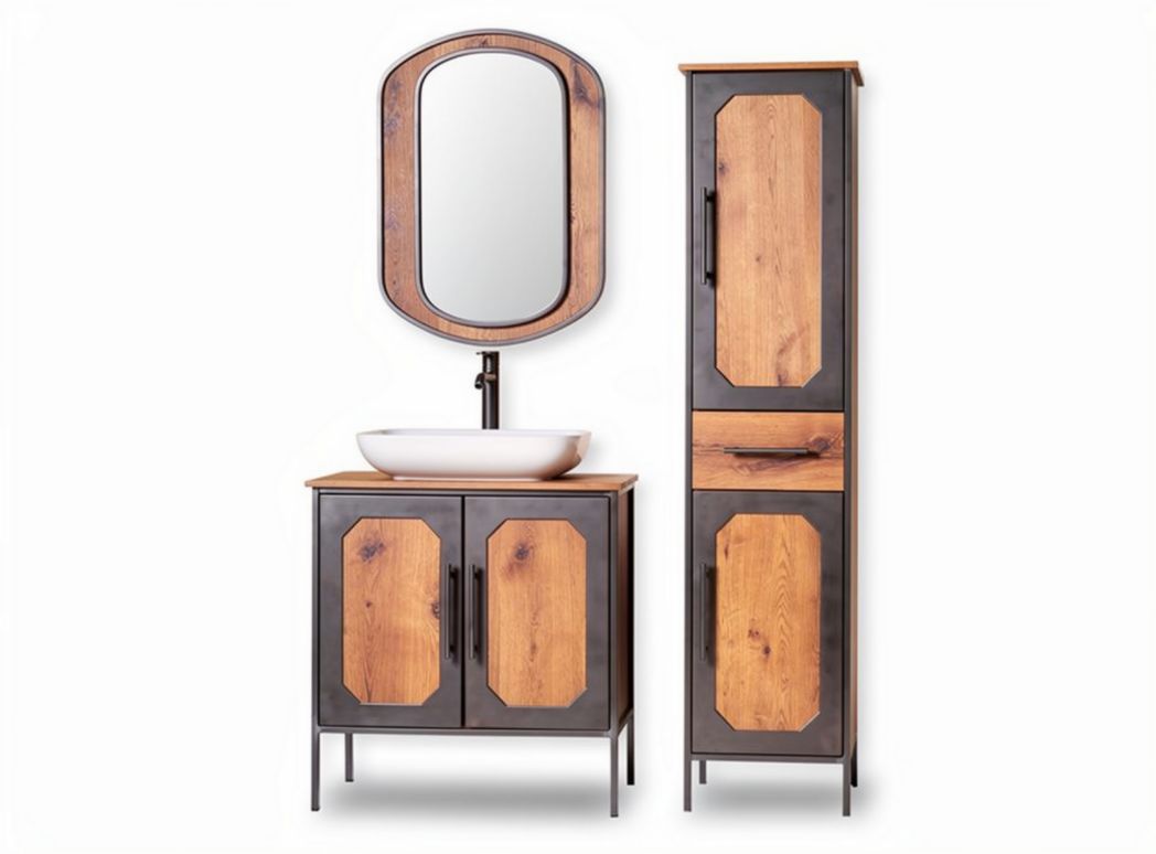 Wooden and metal bathroom vanity set with round mirror and storage cabinet 80 x 40 x 180cm