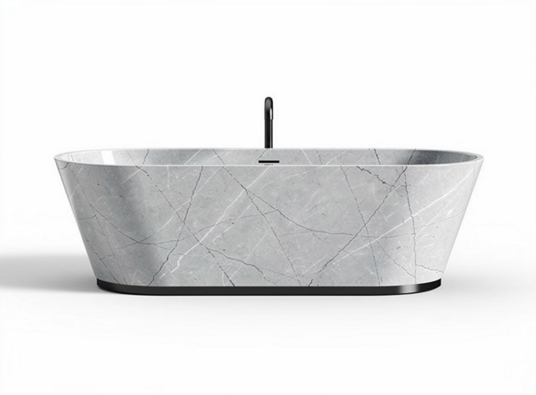 Freestanding modern bathtub in grey marble with black accents 170 x 80 x 65cm