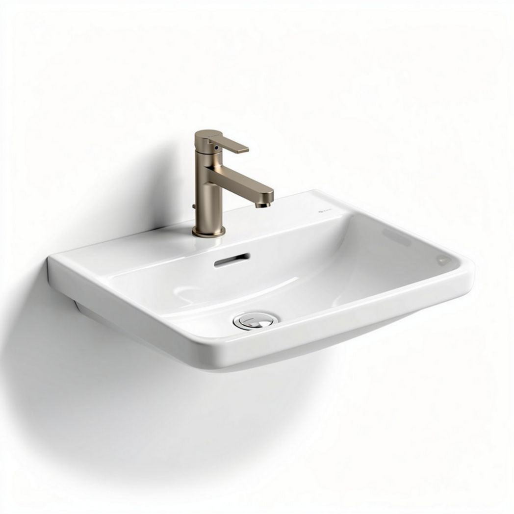 Wall-mounted ceramic sink with brass faucet in white 60 x 40 x 15cm