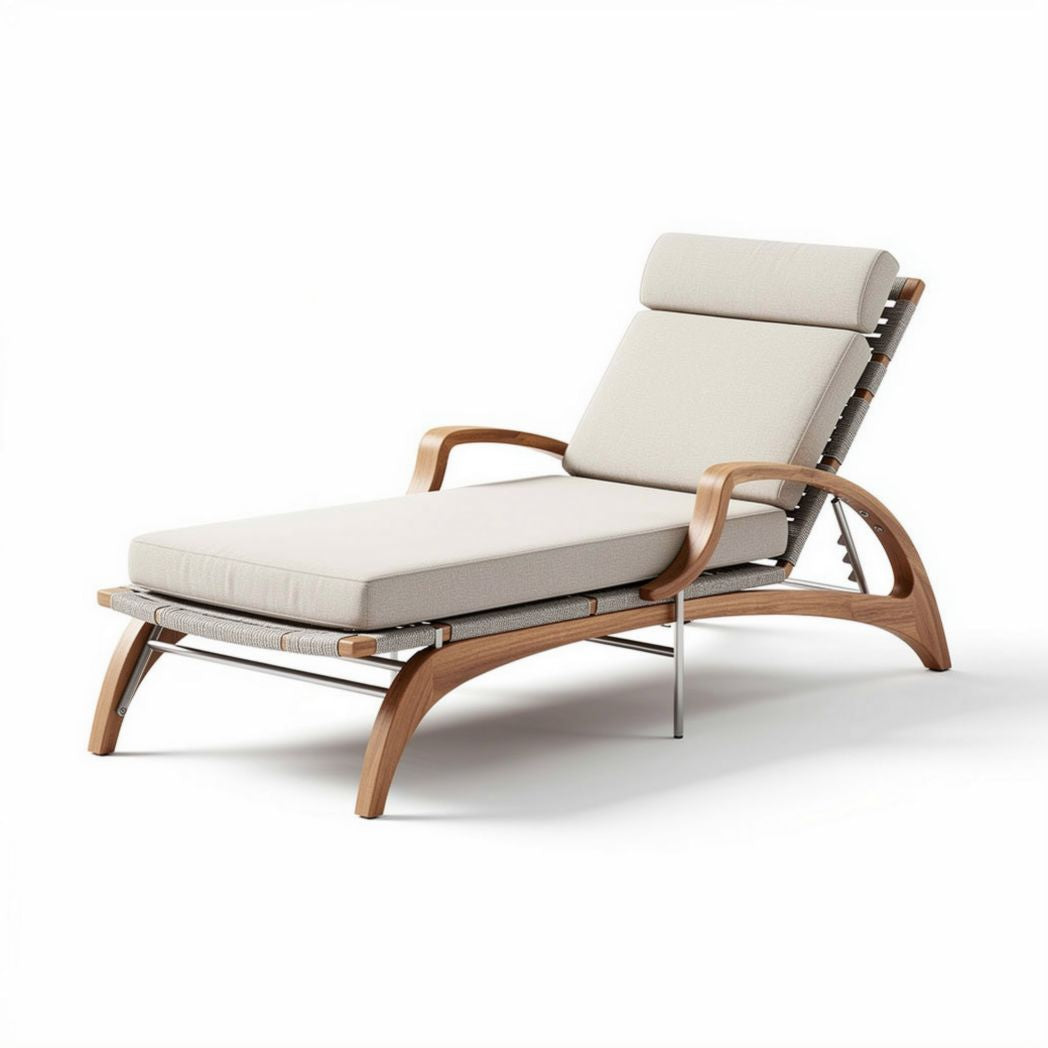 Wooden lounge chair with adjustable backrest cream fabric cushioning 200 x 70 x 90cm