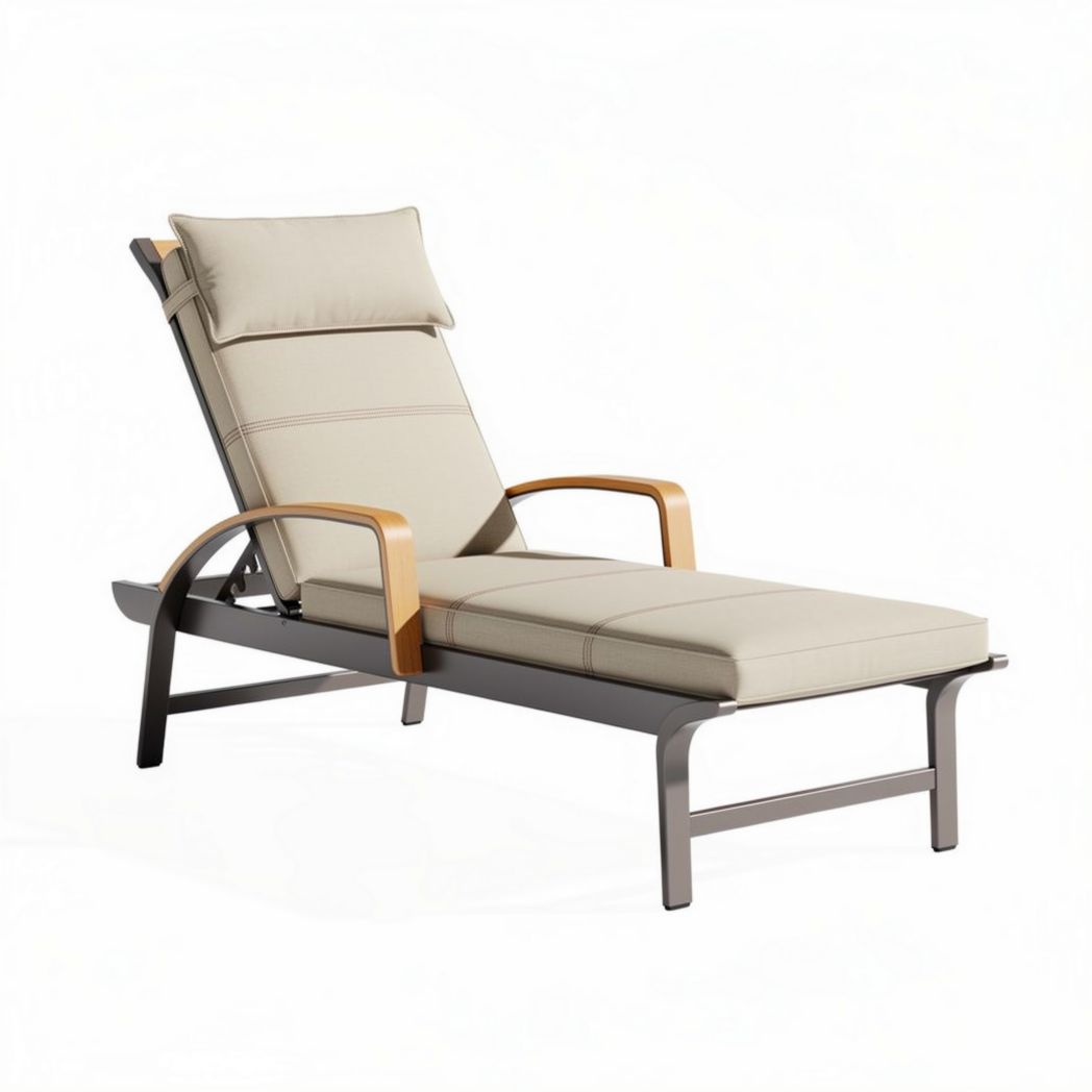 Lounge chair with adjustable backrest aluminum frame and beige fabric cushion