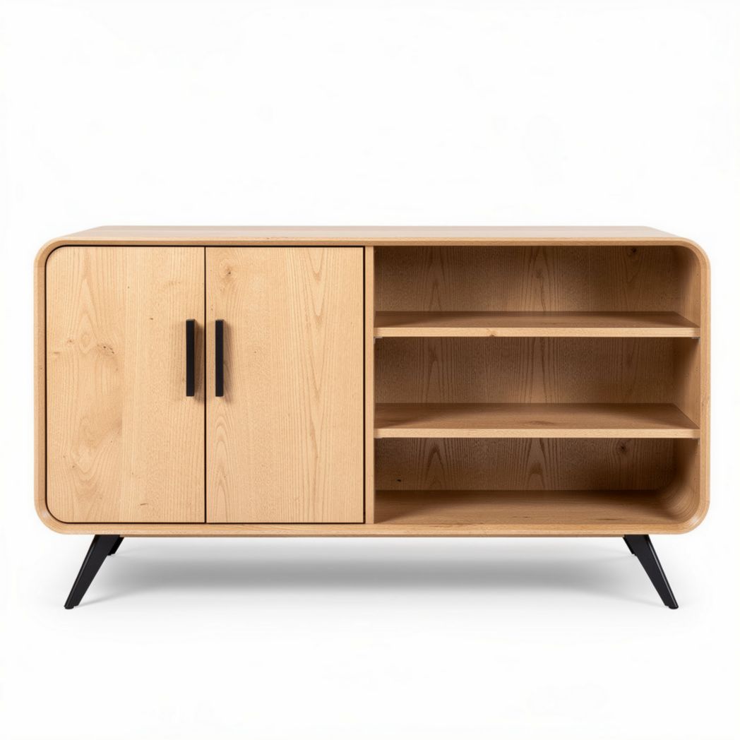 Wooden storage cabinet with open shelves and closed compartment 120 x 40 x 60cm