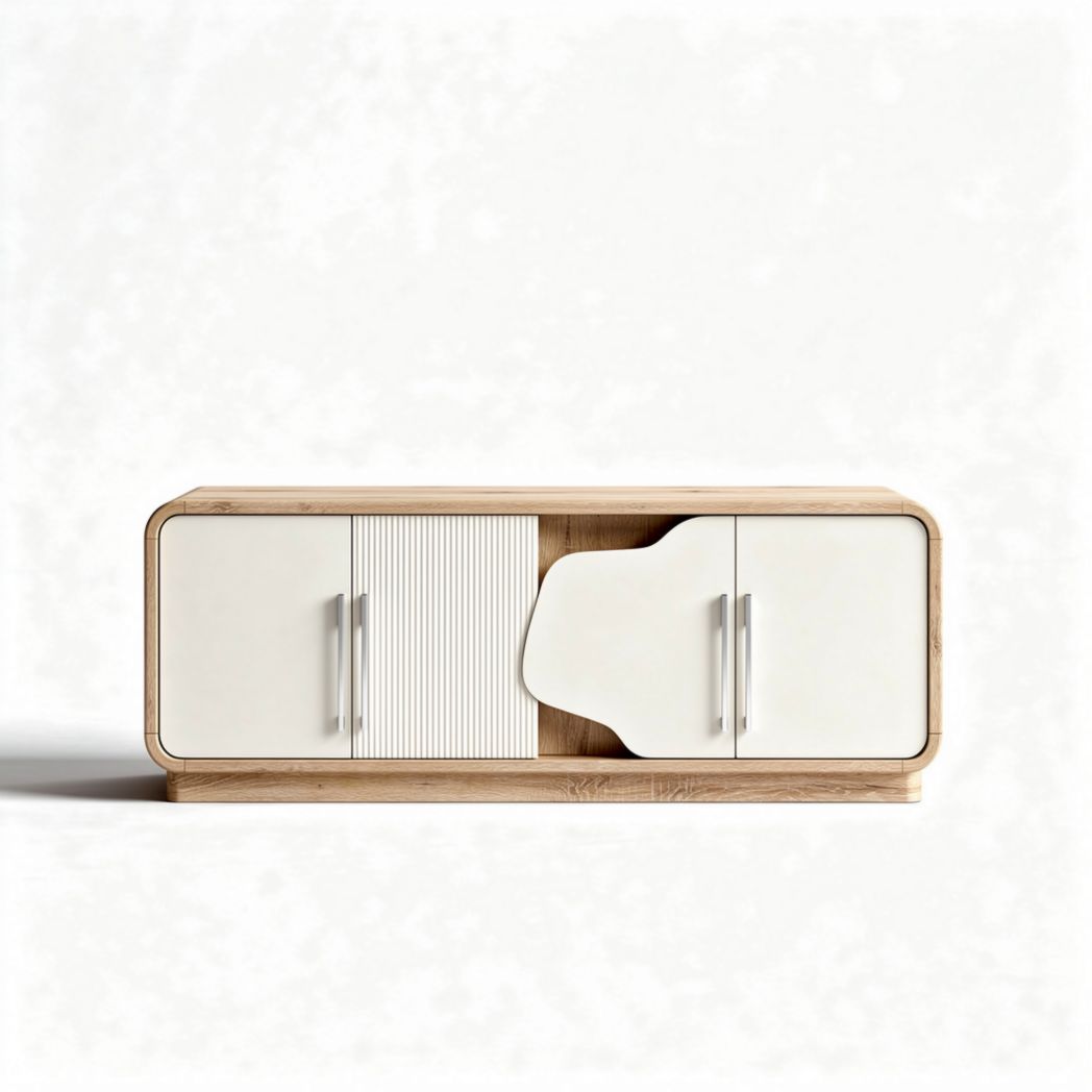 Bamboo wood media console with glossy white sliding doors 150 x 40 x 60cm