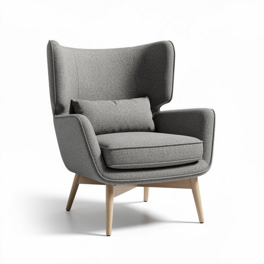Wingback armchair in gray fabric with wooden legs and removable cushion